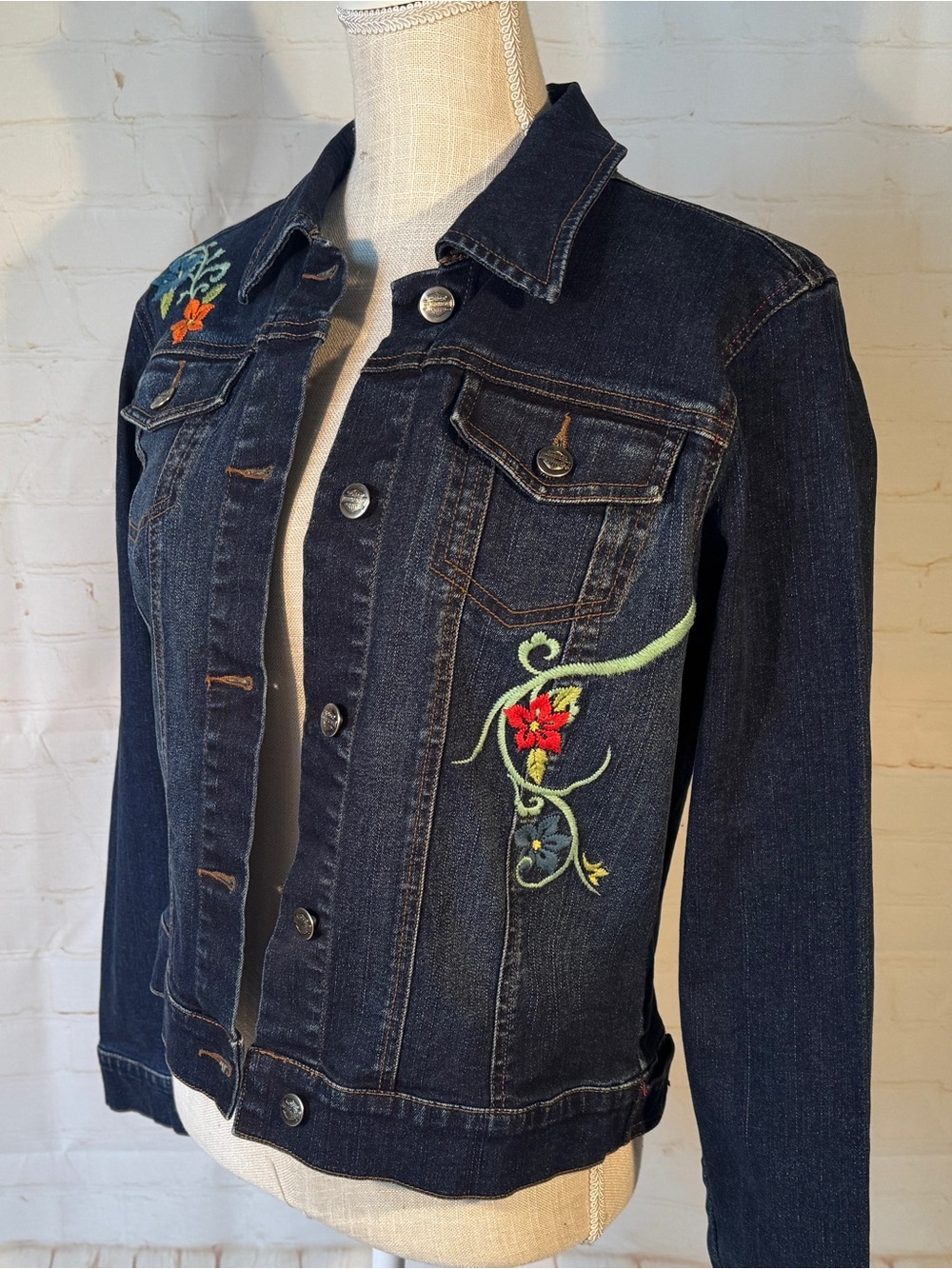 Harley-Davidson Dark Blue Denim Jean Jacket Floral Embroidered 6 8 M EUC